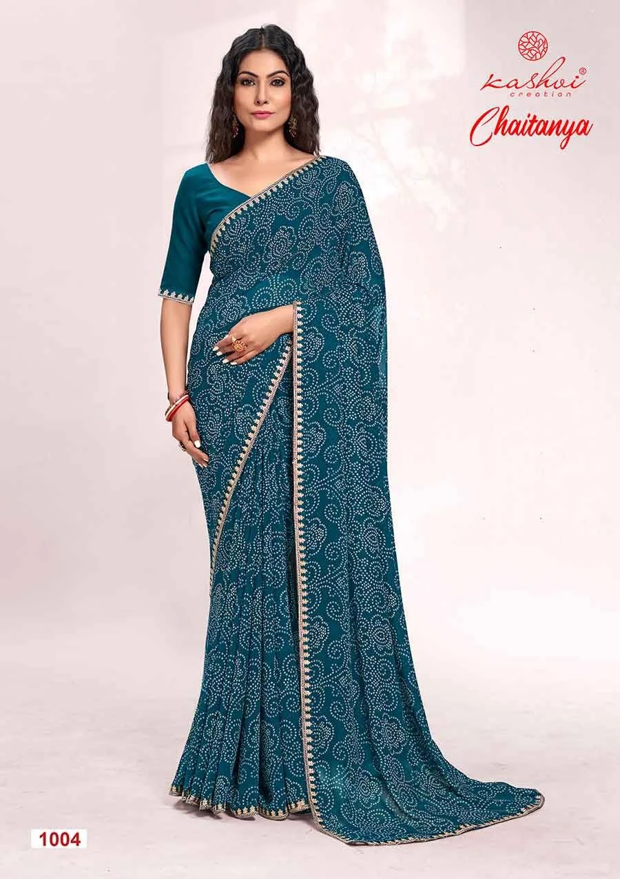 Kashvi Creation Chaitanya Bandhej Georgette Wholesale Sarees Catalog — Wholesale Sarees, Kashvi Creation wholesale from Surat - Gallery Image 4